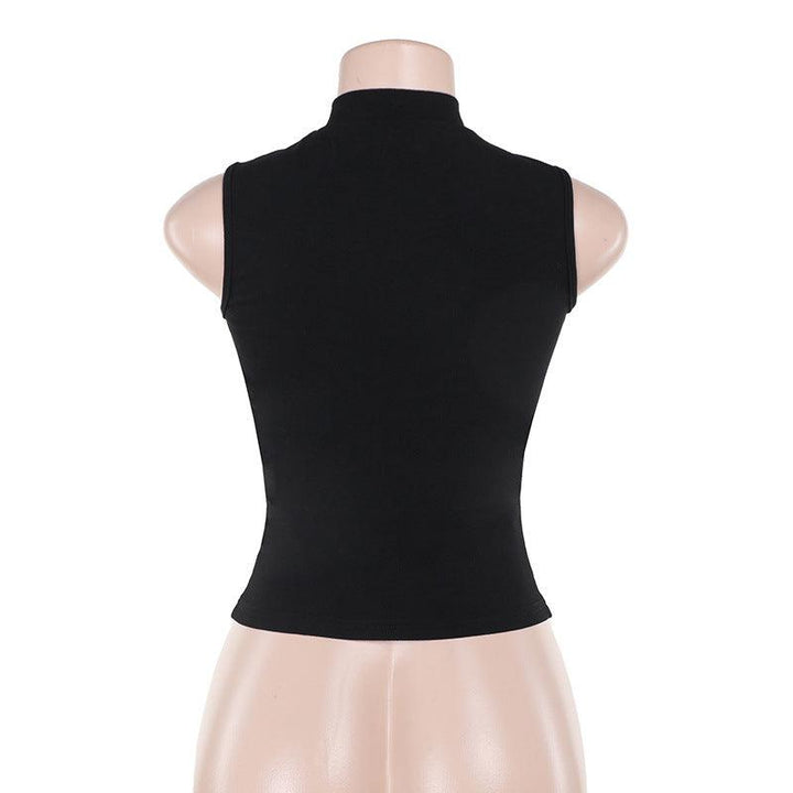 details of black gothic cross sleeveless top