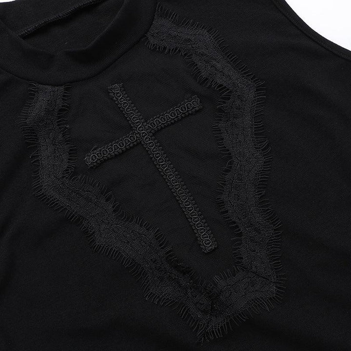 details of black gothic cross sleeveless top