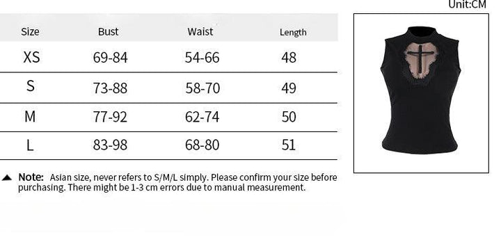 size chart of black gothic cross sleeveless top