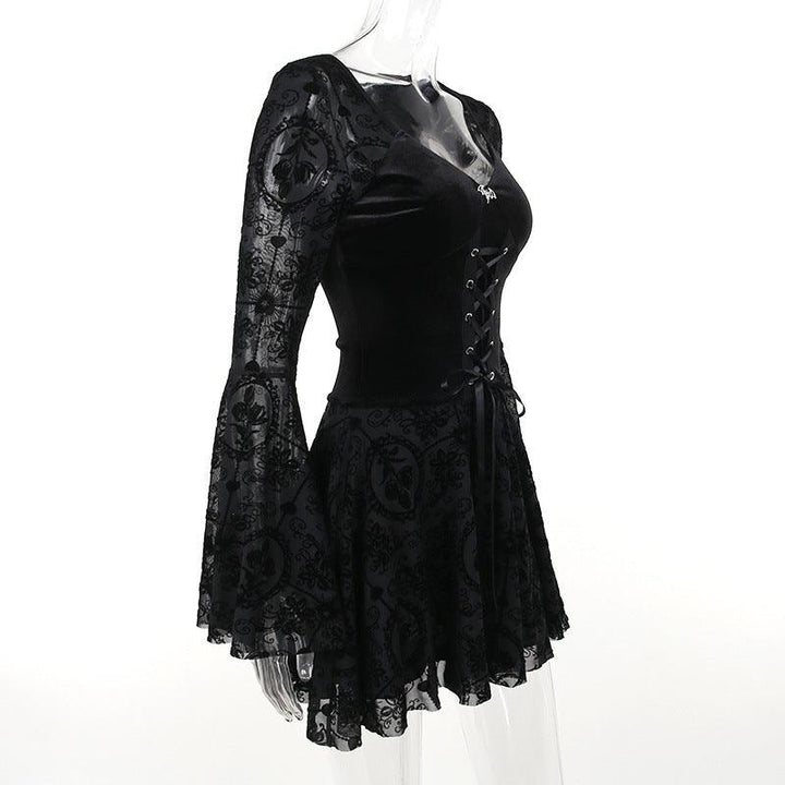 details of black gothic lace bell sleeve dress