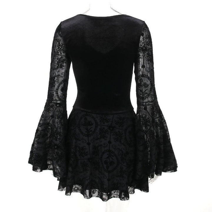 details of black gothic lace bell sleeve dress