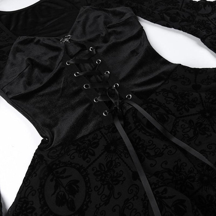 details of black gothic lace bell sleeve dress