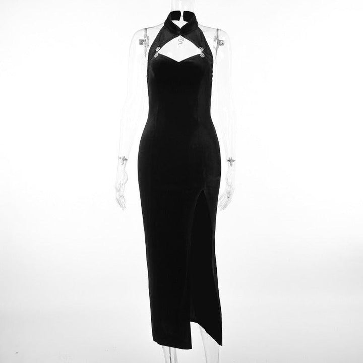 details of a black gothic lace formal fashion dress with shawel