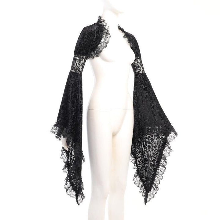 details of a black gothic lace formal fashion dress with shawel
