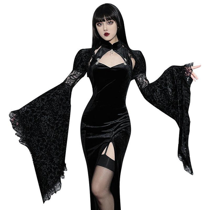 a woman wear a black gothic lace formal fashion dress with shawel