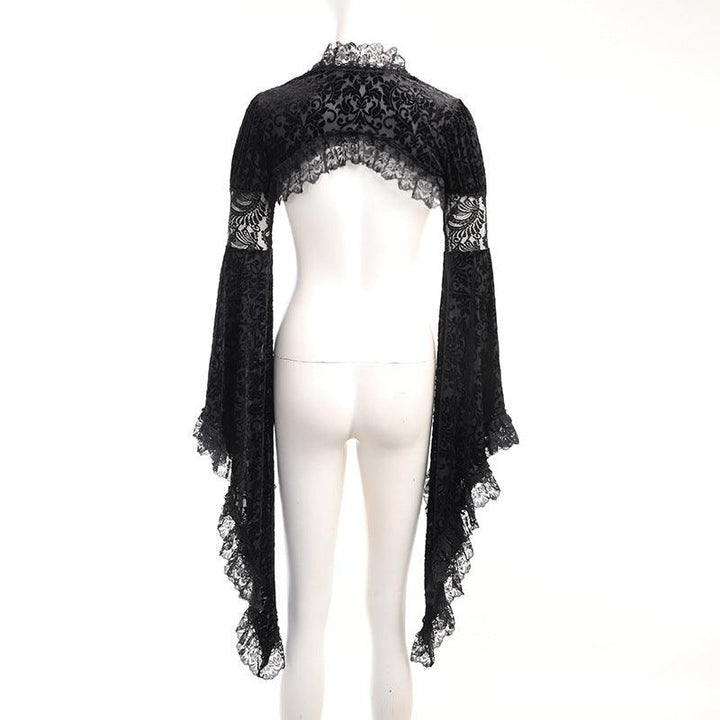 details of a black gothic lace formal fashion dress with shawel