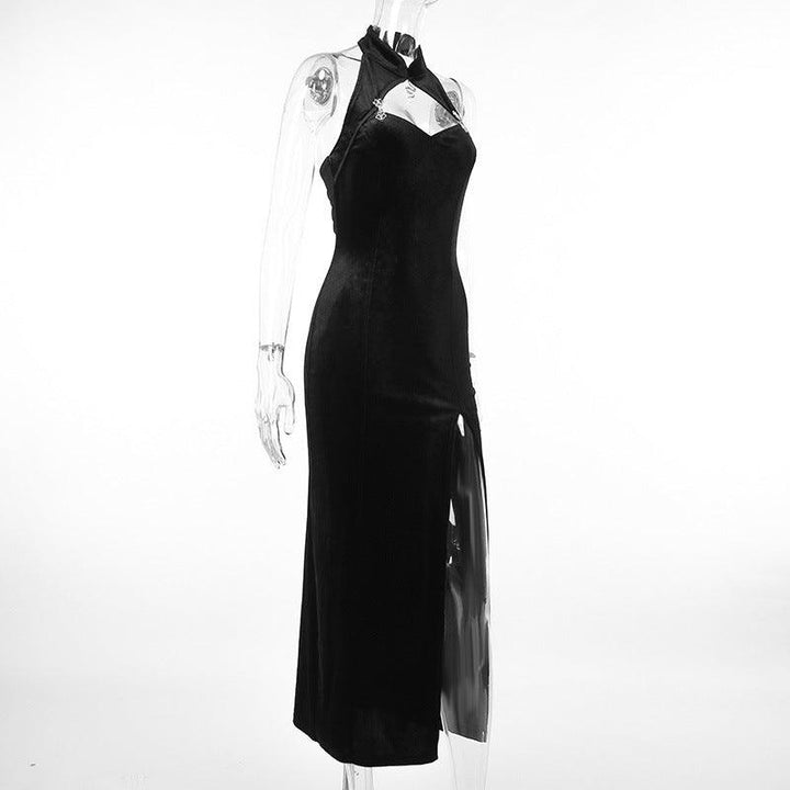 details of a black gothic lace formal fashion dress with shawel