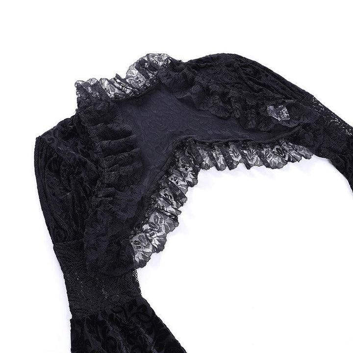 details of a black gothic lace formal fashion dress with shawel