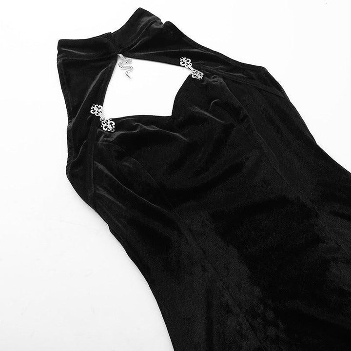 details of a black gothic lace formal fashion dress with shawel