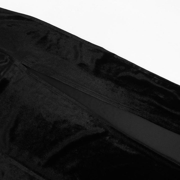 details of a black gothic lace formal fashion dress with shawel