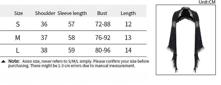 size chart of a black gothic lace formal fashion dress with shawel