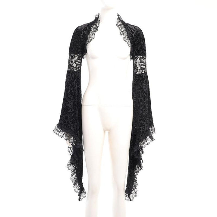 details of a black gothic lace formal fashion dress with shawel