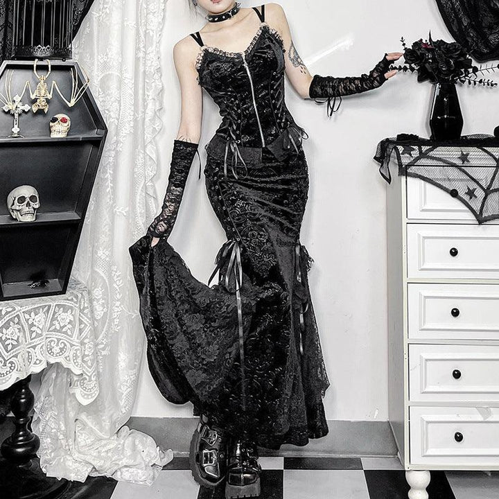 a woman wear a black gothic lace mermaid dress