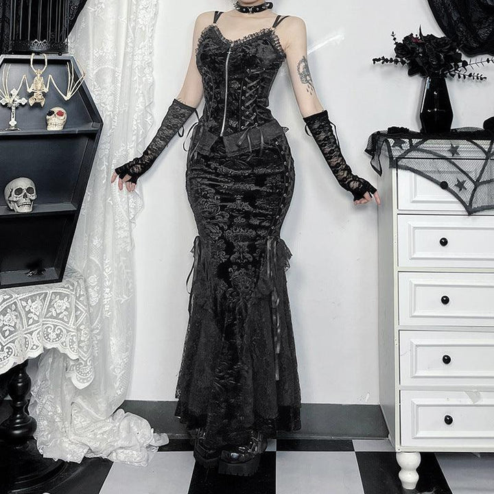 a woman wear a black gothic lace mermaid dress