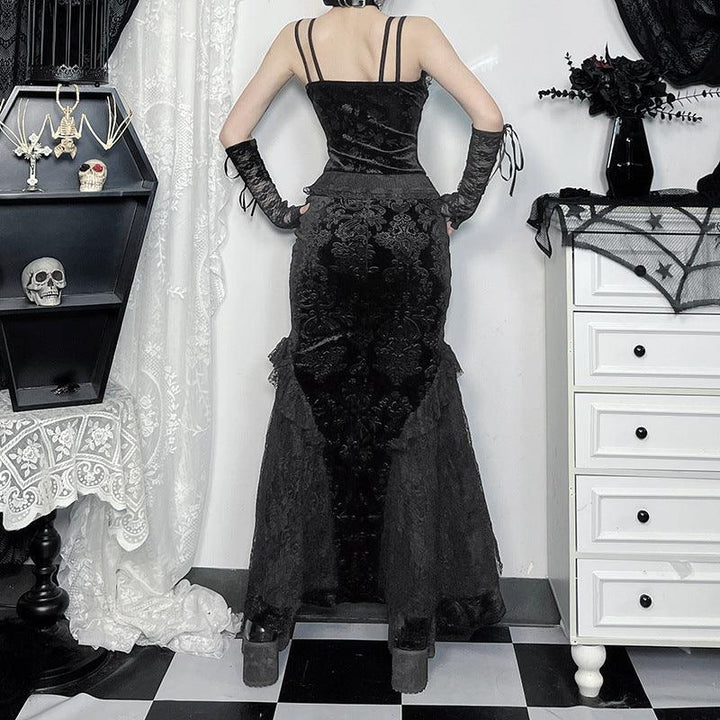 a woman wear a black gothic lace mermaid dress