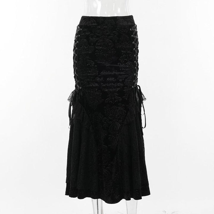 details of black gothic lace mermaid dress