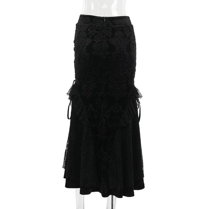 details of black gothic lace mermaid dress