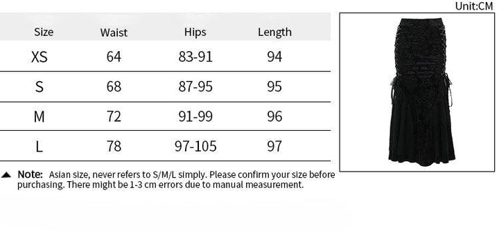 size chart of black gothic lace mermaid dress