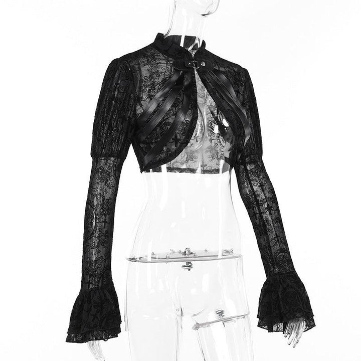 details of black gothic lace skeleton embroidered top blouse