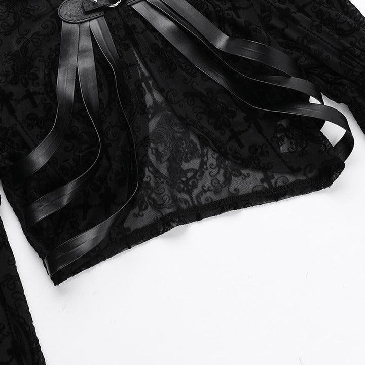 details of black gothic lace skeleton embroidered top blouse