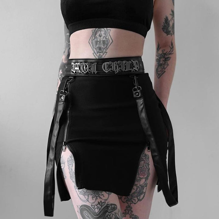 a woman wear a black gothic steampunk half body dress