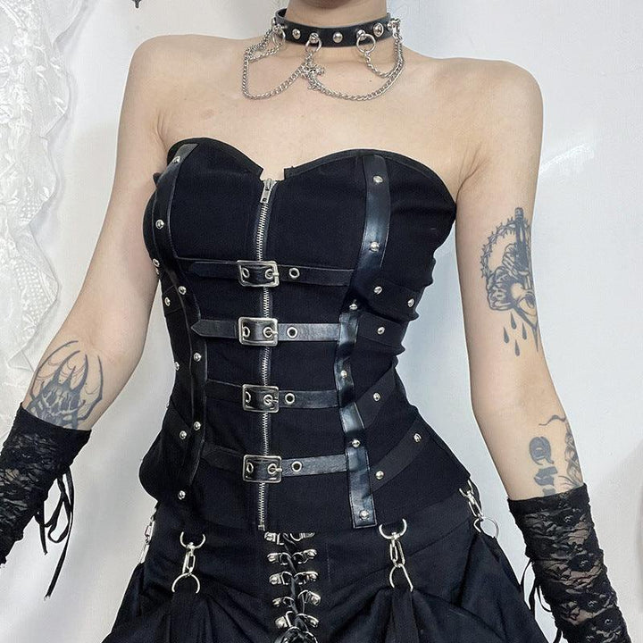 a woman wear a black gothic strapless leather buckle tank top