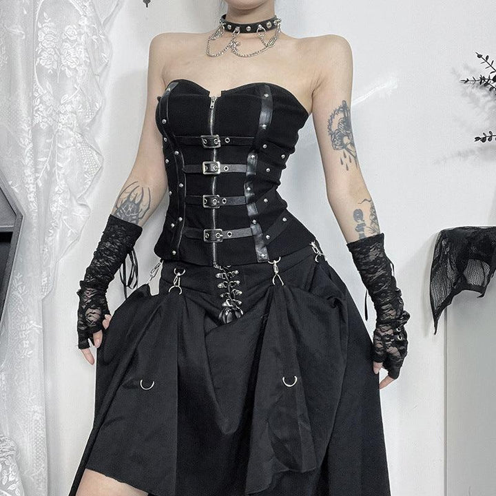 a woman wear a black gothic strapless leather buckle tank top