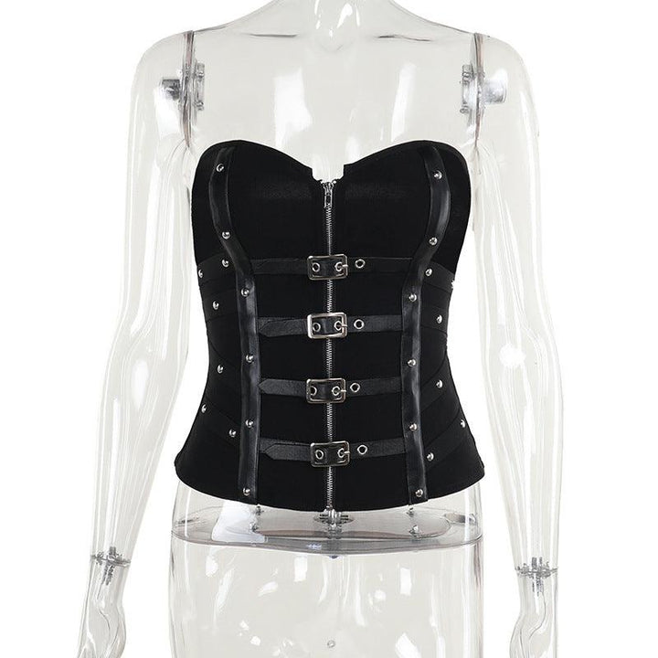 details of black gothic strapless leather buckle tank top
