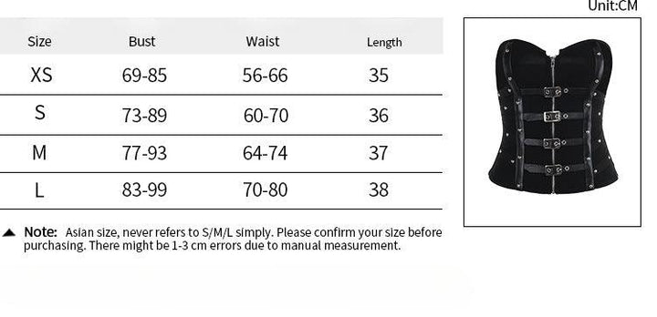 size chart of black gothic strapless leather buckle tank top