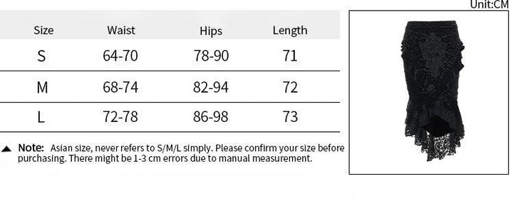 size chart of a black gothic vampire half body long dress