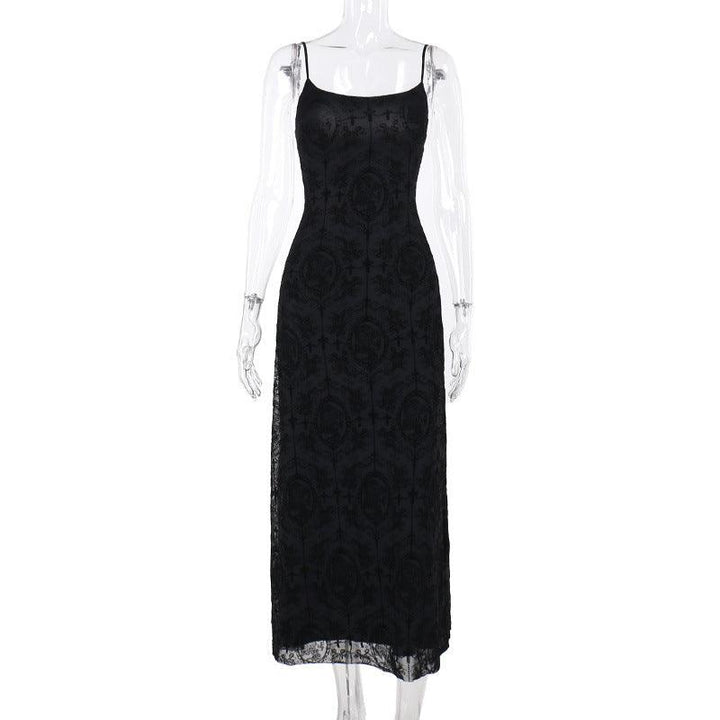 details of black gothic velvet spaghetti strap dress