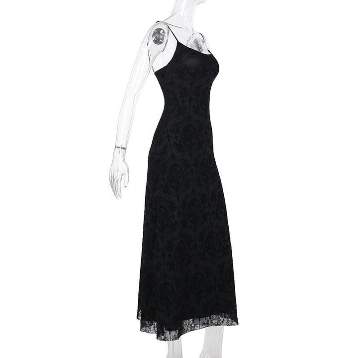 details of black gothic velvet spaghetti strap dress
