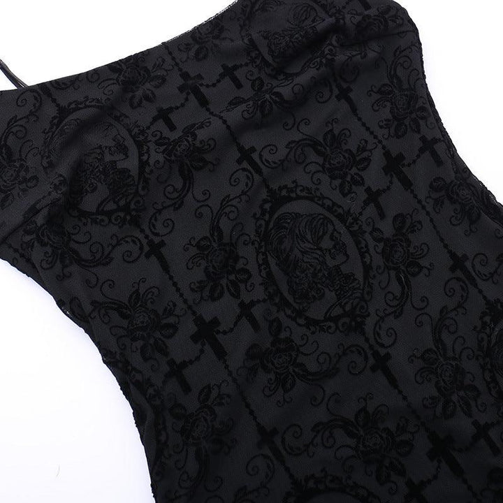 details of black gothic velvet spaghetti strap dress