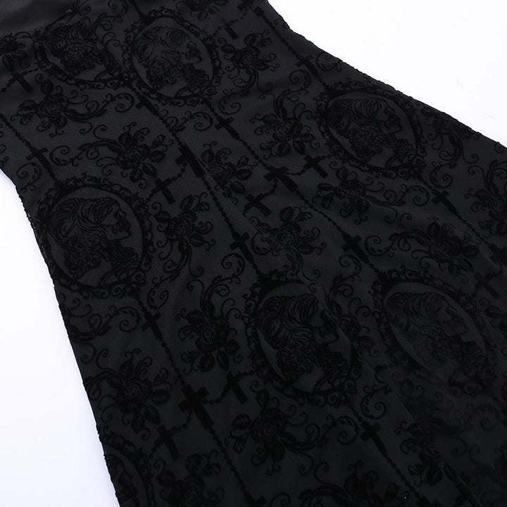 details of black gothic velvet spaghetti strap dress