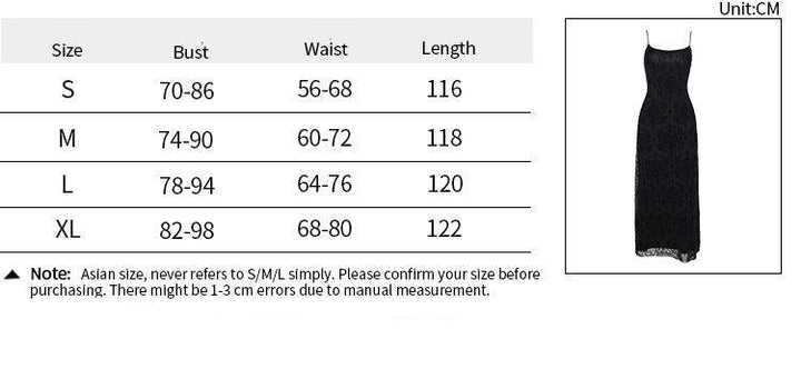 size chart of black gothic velvet spaghetti strap dress