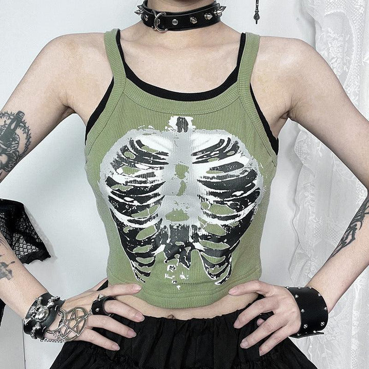 a woman wear a black green gothic casual printed knit top vest