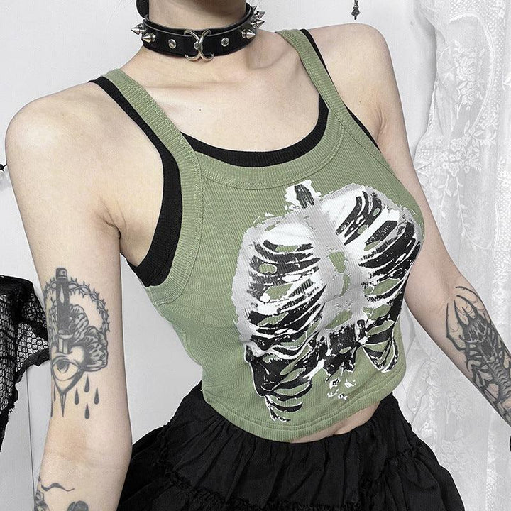a woman wear a black green gothic casual printed knit top vest