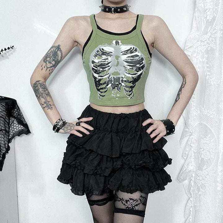 a woman wear a black green gothic casual printed knit top vest