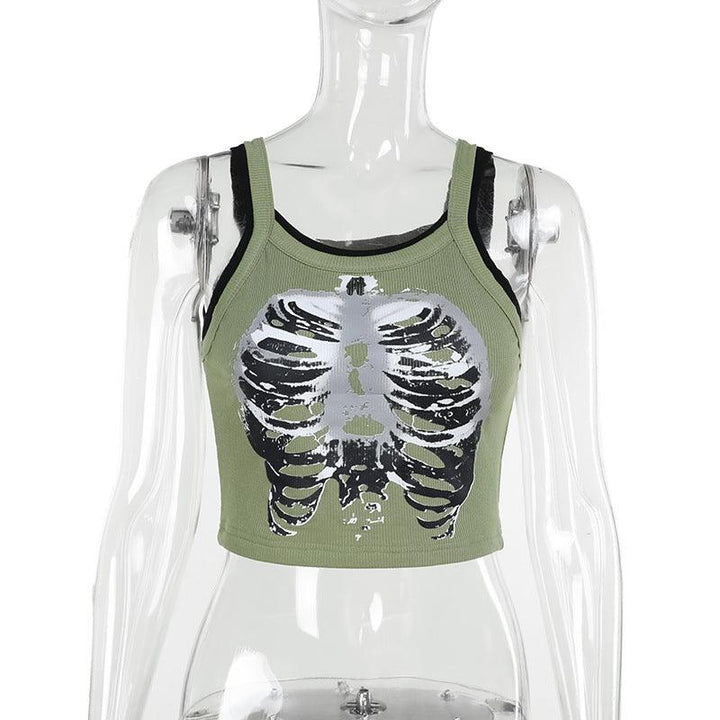 details of a black green gothic casual printed knit top vest