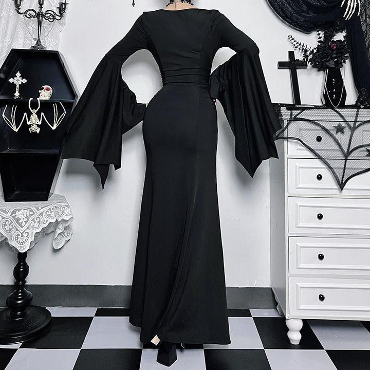 a woman wear a black long sleeve gothic formal dress
