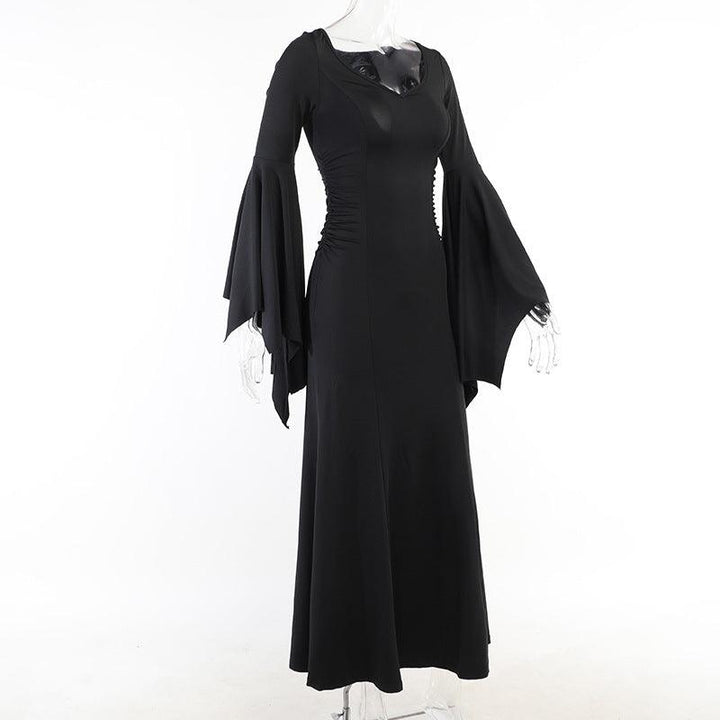 details of a black long sleeve gothic formal dress