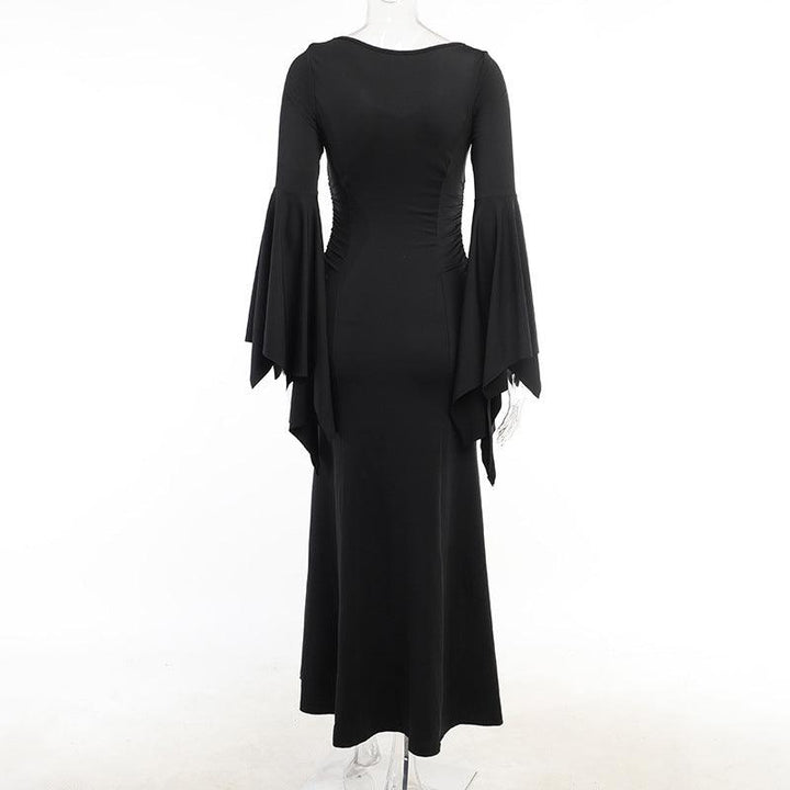 details of a black long sleeve gothic formal dress