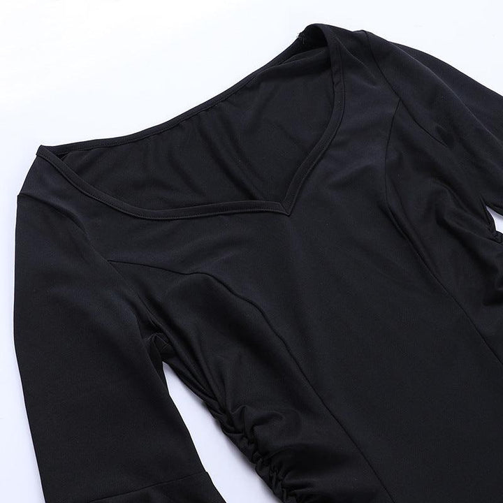 details of a black long sleeve gothic formal dress