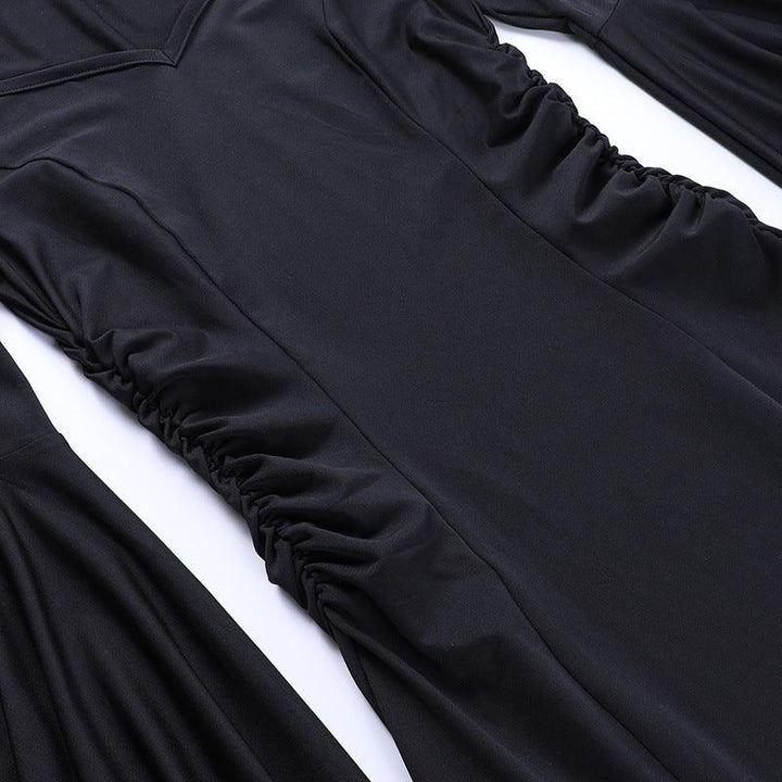 details of a black long sleeve gothic formal dress