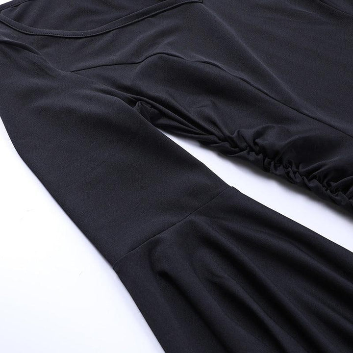 details of a black long sleeve gothic formal dress
