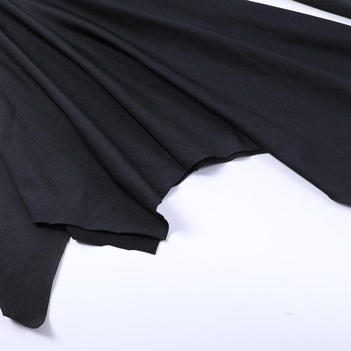 details of a black long sleeve gothic formal dress