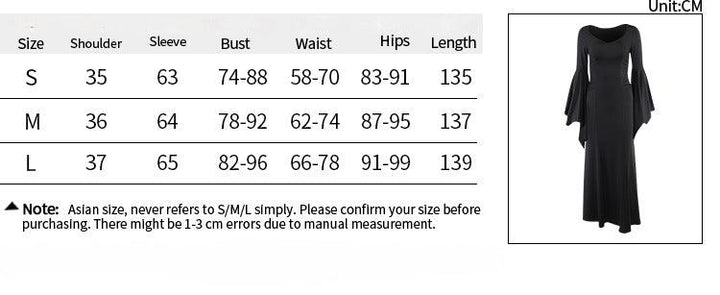 size chart of a black long sleeve gothic formal dress