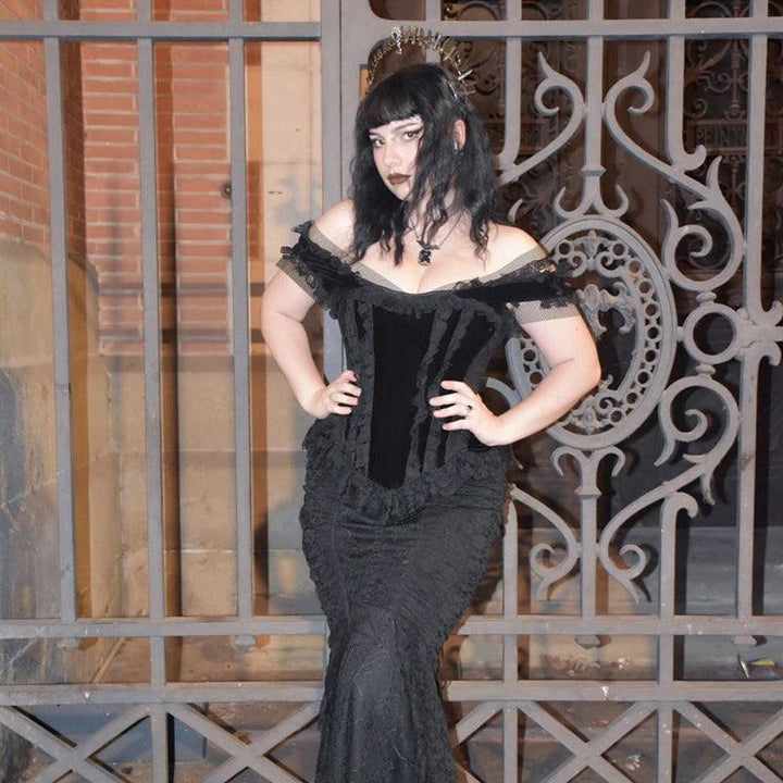 a woman wear a black red gothic dark slim suede lace tank top