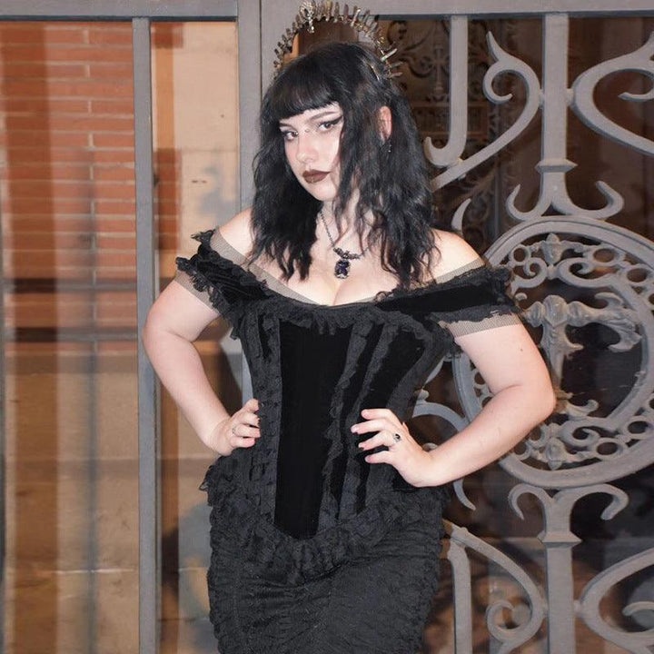 a woman wear a black red gothic dark slim suede lace tank top