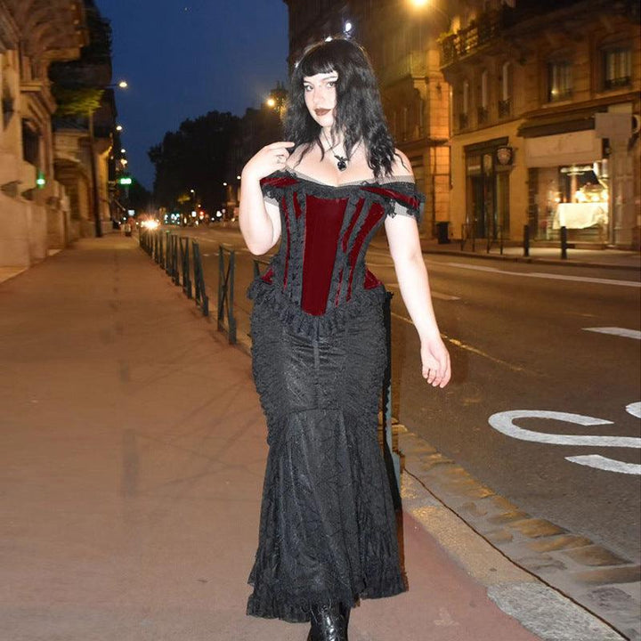 a woman wear a black red gothic dark slim suede lace tank top